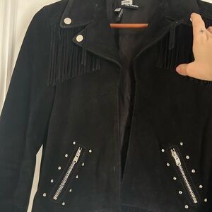 The Kooples Black Suede Fringe Jacket with Silver Accents